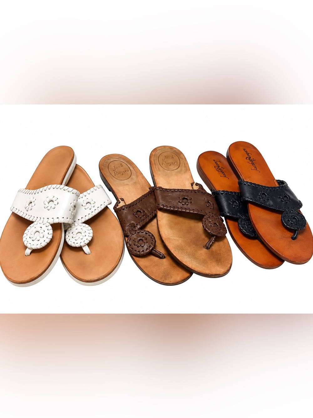 3 Pair Jack Rogers Women’s Leather Thong Sandals - White, Brown, Black